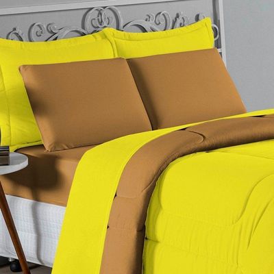 Kit Edredom Dupla Face + Jogo De Lençol Casal Nobre 7 Peças Malha 100% Algodão - Amarelo / Cobre