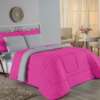 Kit Edredom Dupla Face + Jogo De Lençol Casal Nobre 7 Peças Malha 100% Algodão - Pink / Cinza