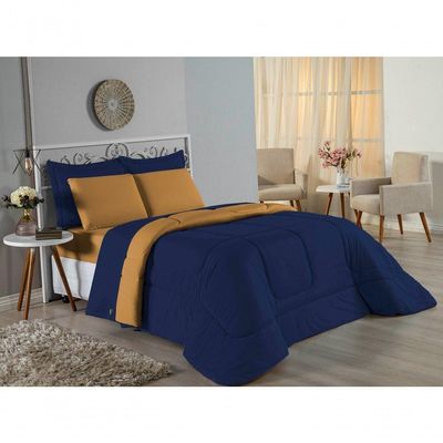 Kit Edredom Dupla Face + Jogo De Lençol Casal Viúva Nobre 6 Peças Malha 100% Algodão - Azul-marinho / Cobre