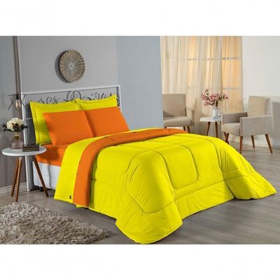 Kit Edredom Dupla Face + Jogo De Lençol Casal Viúva Nobre 7 Peças Malha 100% Algodão - Amarelo / Laranja