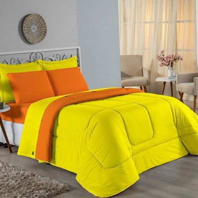 Kit Edredom Dupla Face + Jogo De Lençol Casal Viúva Nobre 7 Peças Malha 100% Algodão - Amarelo / Laranja