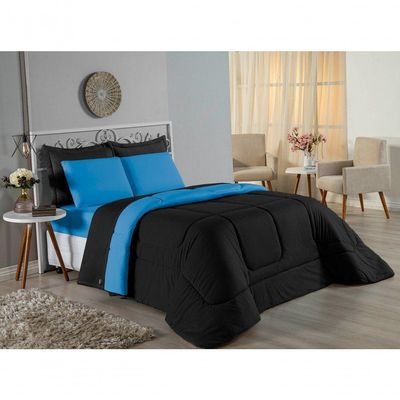 Kit Edredom Dupla Face + Jogo De Lençol Casal Viúva Nobre 6 Peças Malha 100% Algodão - Preto / Turquesa