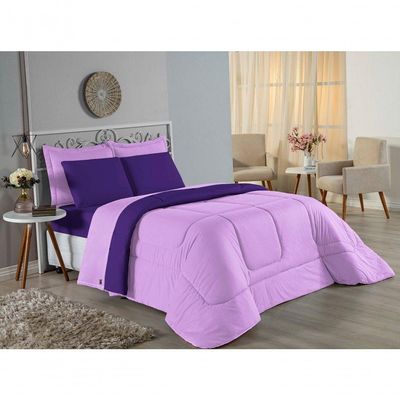 Kit Edredom Dupla Face + Jogo De Lençol Casal Viúva Nobre 7 Peças Malha 100% Algodão - Lilás / Roxo