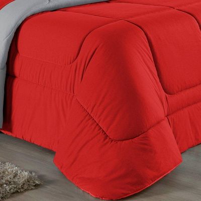 Kit Edredom Dupla Face + Jogo De Lençol Casal Viúva Nobre 7 Peças Malha 100% Algodão - Vermelho / Cinza