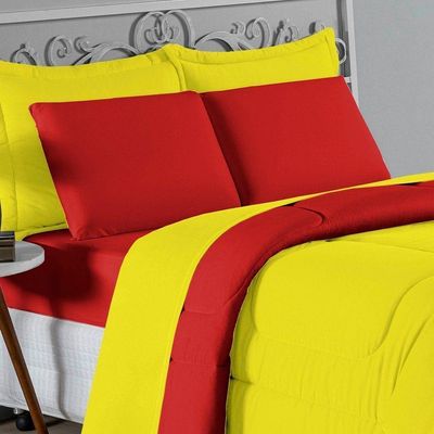 Kit Edredom Dupla Face + Jogo De Lençol King Nobre 6 Peças Malha 100% Algodão - Amarelo / Vermelho