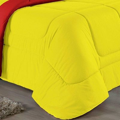 Kit Edredom Dupla Face + Jogo De Lençol King Nobre 6 Peças Malha 100% Algodão - Amarelo / Vermelho