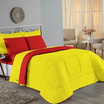 Kit Edredom Dupla Face + Jogo De Lençol King Nobre 6 Peças Malha 100% Algodão - Amarelo / Vermelho