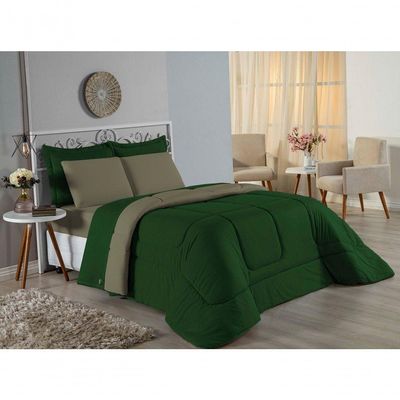 Kit Edredom Dupla Face + Jogo De Lençol Casal Viúva Nobre 7 Peças Malha 100% Algodão - Verde-bandeira / Avelã