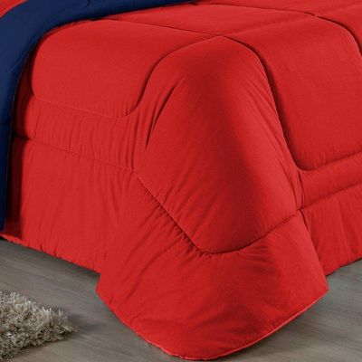Kit Edredom Dupla Face + Jogo De Lençol King Nobre 6 Peças Malha 100% Algodão - Vermelho / Azul-marinho
