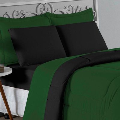 Kit Edredom Dupla Face + Jogo De Lençol King Nobre 6 Peças Malha 100% Algodão - Verde-bandeira / Preto