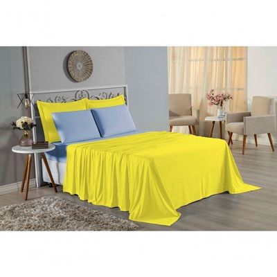 Jogo De Cama King Nobre 4 Peças Lençol Com Elástico De 30cm De Altura Malha 100% Algodão - Amarelo / Azul-bebê