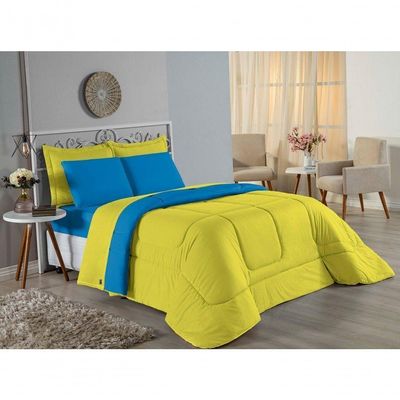 Kit Edredom Dupla Face + Jogo De Lençol King Nobre 7 Peças Malha 100% Algodão - Amarelo / Turquesa