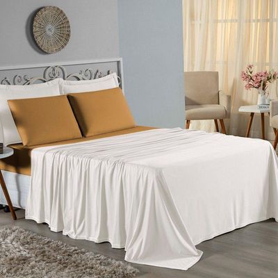Jogo De Cama King Nobre 4 Peças Lençol Com Elástico De 30cm De Altura Malha 100% Algodão - Palha / Cobre