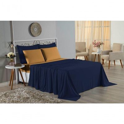 Jogo De Cama King Nobre 4 Peças Lençol Com Elástico De 30cm De Altura Malha 100% Algodão - Azul-marinho / Cobre
