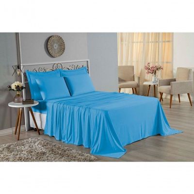 Jogo De Cama King Nobre 4 Peças Lençol Com Elástico De 30cm De Altura Malha 100% Algodão - Turquesa