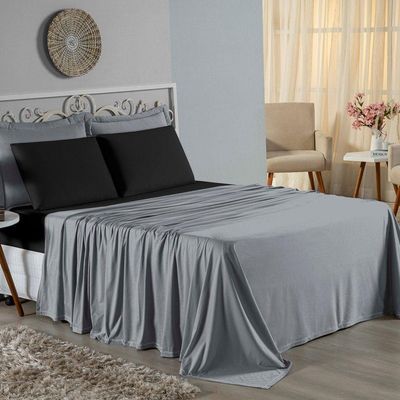 Jogo De Cama King Nobre 4 Peças Lençol Com Elástico De 30cm De Altura Malha 100% Algodão - Cinza / Preto