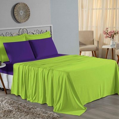 Jogo De Cama King Nobre 4 Peças Lençol Com Elástico De 30cm De Altura Malha 100% Algodão - Pistache / Roxo