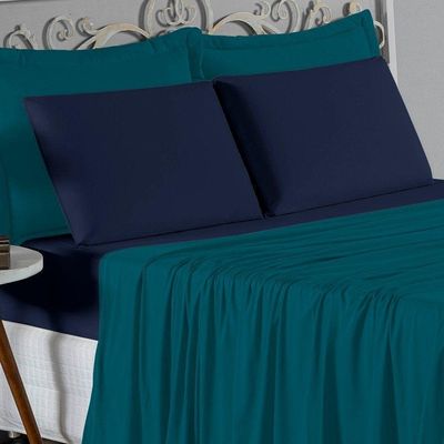 Jogo De Cama King Nobre 4 Peças Lençol Com Elástico De 30cm De Altura Malha 100% Algodão - Petróleo / Azul-marinho