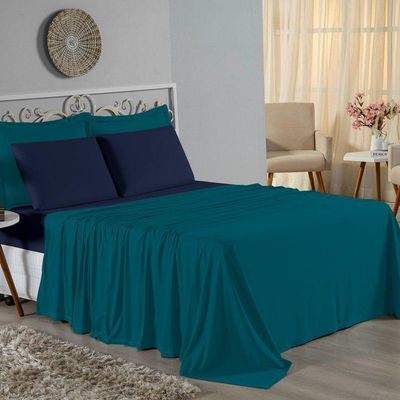 Jogo De Cama King Nobre 4 Peças Lençol Com Elástico De 30cm De Altura Malha 100% Algodão - Petróleo / Azul-marinho