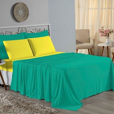 Jogo De Cama Queen Nobre 4 Peças Lençol Com Elástico De 30cm De Altura Malha 100% Algodão - Jade / Amarelo