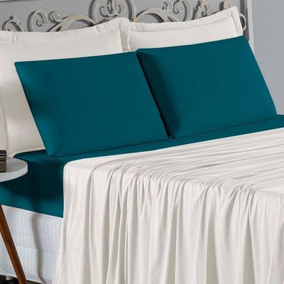 Jogo De Cama Queen Nobre 4 Peças Lençol Com Elástico De 30cm De Altura Malha 100% Algodão - Palha / Petróleo