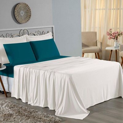 Jogo De Cama Queen Nobre 4 Peças Lençol Com Elástico De 30cm De Altura Malha 100% Algodão - Palha / Petróleo