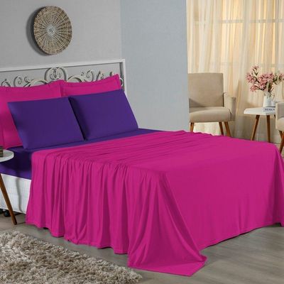 Jogo De Cama Queen Nobre 4 Peças Lençol Com Elástico De 30cm De Altura Malha 100% Algodão - Pink / Roxo