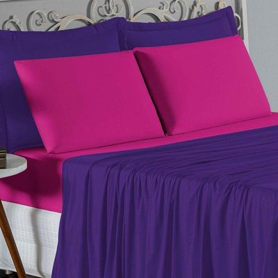 Jogo De Cama King Nobre 4 Peças Lençol Com Elástico De 30cm De Altura Malha 100% Algodão - Roxo / Pink