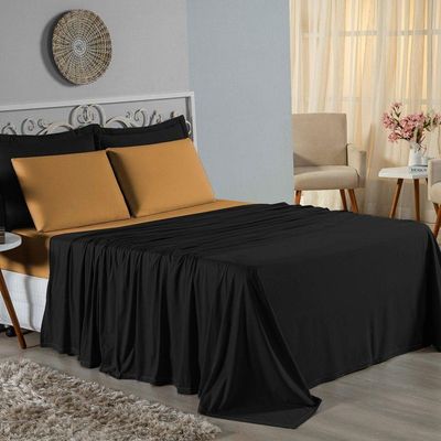 Jogo De Cama Queen Nobre 4 Peças Lençol Com Elástico De 30cm De Altura Malha 100% Algodão - Preto / Cobre