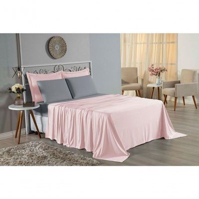 Jogo De Cama Queen Nobre 4 Peças Lençol Com Elástico De 30cm De Altura Malha 100% Algodão - Rosa / Cinza