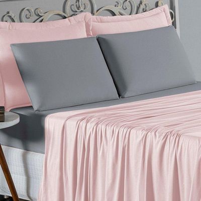 Jogo De Cama Queen Nobre 4 Peças Lençol Com Elástico De 30cm De Altura Malha 100% Algodão - Rosa / Cinza