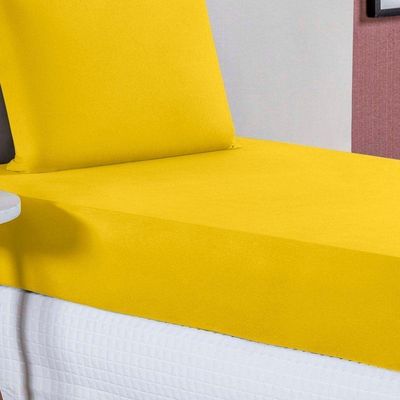 Jogo De Cama Solteiro Nobre 2 Peças Lençol Com Elástico De 30cm De Altura Malha 100% Algodão - Amarelo