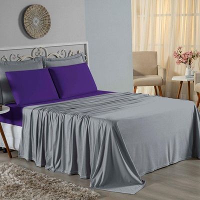 Jogo De Cama Solteiro Nobre 3 Peças Lençol Com Elástico De 30cm De Altura Malha 100% Algodão - Cinza / Roxo