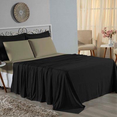 Jogo De Cama Solteiro Nobre 3 Peças Lençol Com Elástico De 30cm De Altura Malha 100% Algodão - Preto / Avelã