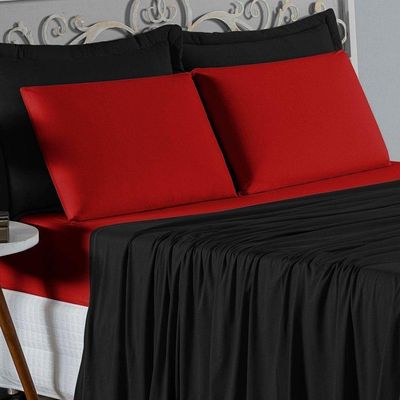 Jogo De Cama Solteiro Nobre 3 Peças Lençol Com Elástico De 30cm De Altura Malha 100% Algodão - Preto / Vermelho