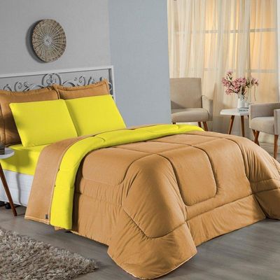 Kit Edredom Dupla Face + Jogo De Lençol King Nobre 7 Peças Malha 100% Algodão - Cobre / Amarelo