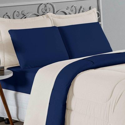 Kit Edredom Dupla Face + Jogo De Lençol Queen Nobre 6 Peças Malha 100% Algodão - Palha / Azul-marinho