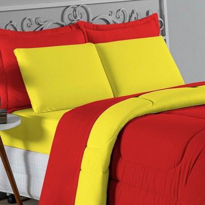 Kit Edredom Dupla Face + Jogo De Lençol King Nobre 7 Peças Malha 100% Algodão - Vermelho / Amarelo