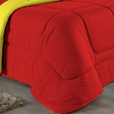 Kit Edredom Dupla Face + Jogo De Lençol King Nobre 7 Peças Malha 100% Algodão - Vermelho / Amarelo