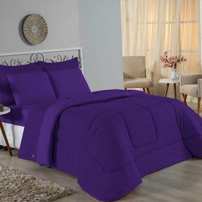 Kit Edredom Dupla Face + Jogo De Lençol Queen Nobre 6 Peças Malha 100% Algodão - Roxo