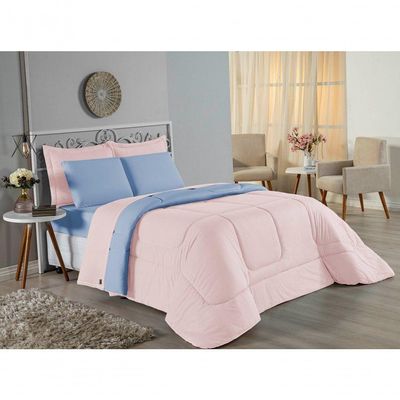 Edredom Casal Nobre 1 Peça Dupla Face 2,00m X 2,20m Malha 100% Algodão - Rosa / Azul-bebê