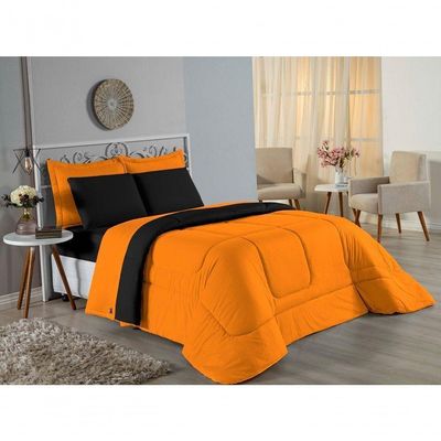 Edredom Solteiro Nobre 1 Peça Dupla Face 1,60m X 2,40m Malha 100% Algodão - Laranja / Preto