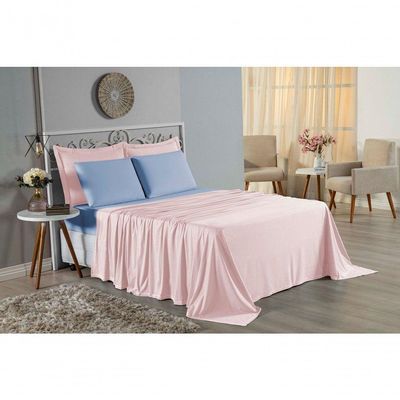 Jogo De Cama Casal Viúva Nobre 4 Peças Malha 100% Algodão - Rosa / Azul-bebê