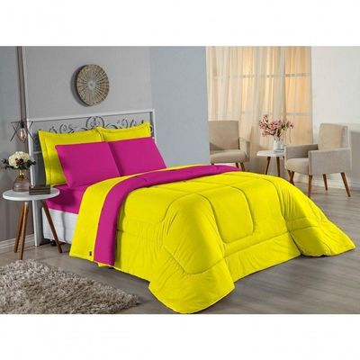 Edredom Casal Nobre 1 Peça Dupla Face 2,00m X 2,20m Malha 100% Algodão - Amarelo / Pink