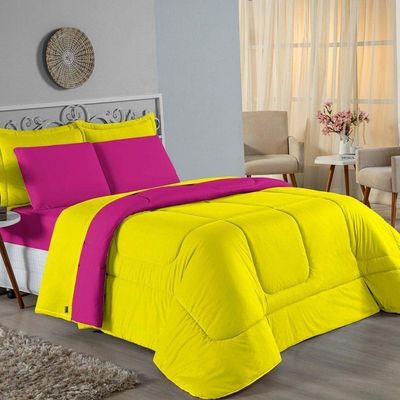 Edredom Casal Nobre 1 Peça Dupla Face 2,00m X 2,20m Malha 100% Algodão - Amarelo / Pink