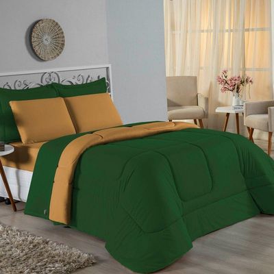 Edredom Casal Nobre 1 Peça Dupla Face 2,00m X 2,20m Malha 100% Algodão - Verde-bandeira / Cobre