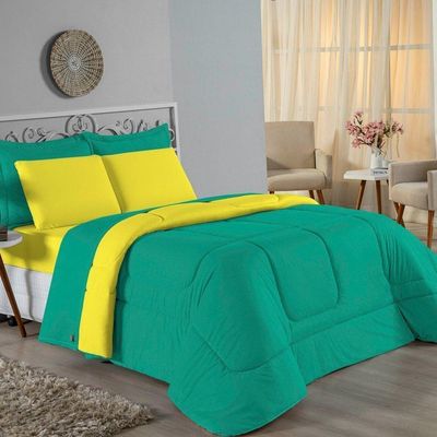 Edredom Queen Nobre 1 Peça Dupla Face 2,40m X 2,60m Malha 100% Algodão - Jade / Amarelo