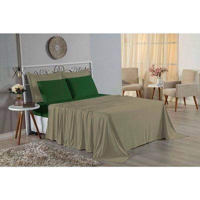 Jogo De Cama Casal Nobre 4 Peças Lençol Com Elástico De 30cm De Altura Malha 100% Algodão - Avelã / Verde-bandeira