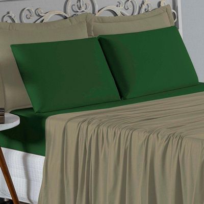 Jogo De Cama Casal Nobre 4 Peças Lençol Com Elástico De 30cm De Altura Malha 100% Algodão - Avelã / Verde-bandeira