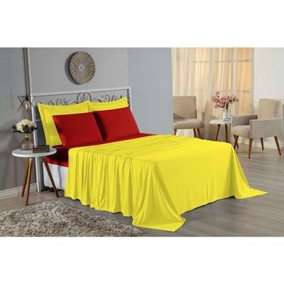 Jogo De Cama Casal Nobre 4 Peças Lençol Com Elástico De 30cm De Altura Malha 100% Algodão - Amarelo / Vermelho